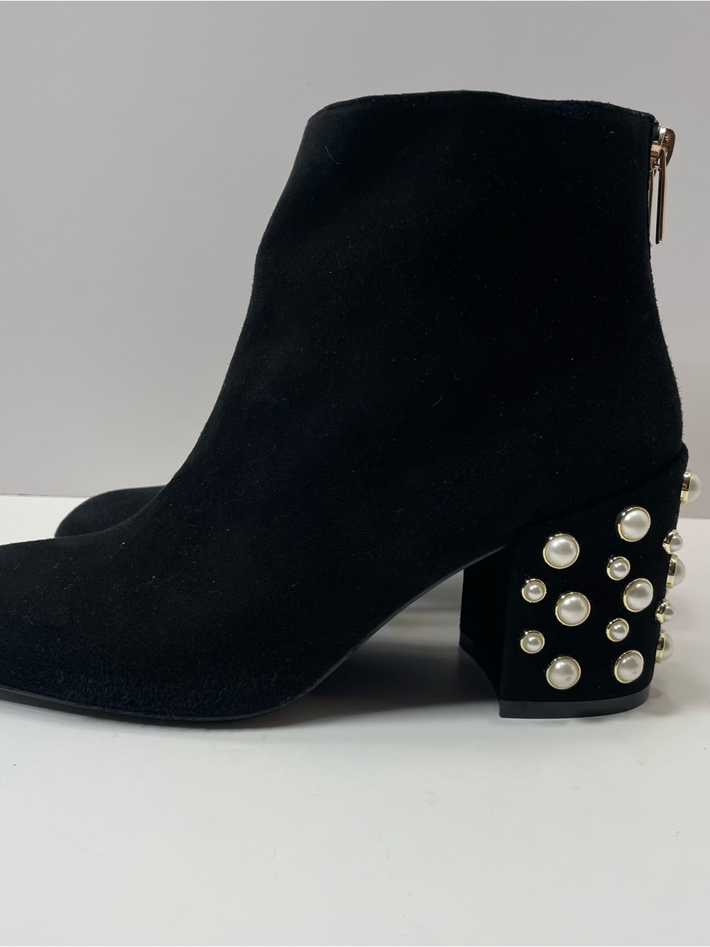 Stuart Weitzman Black Suede Ankle Boots with Pearl-Studded Block Heel